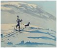 Maleri av skigåer med hund