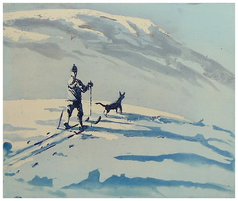 Maleri av skigåer med hund